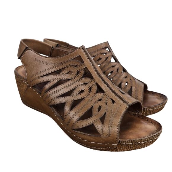 Karyoka Brown Leather Cutout Wedge Sandals Sz 38 US 7.5 - 8 Boho Beach - Picture 3 of 15